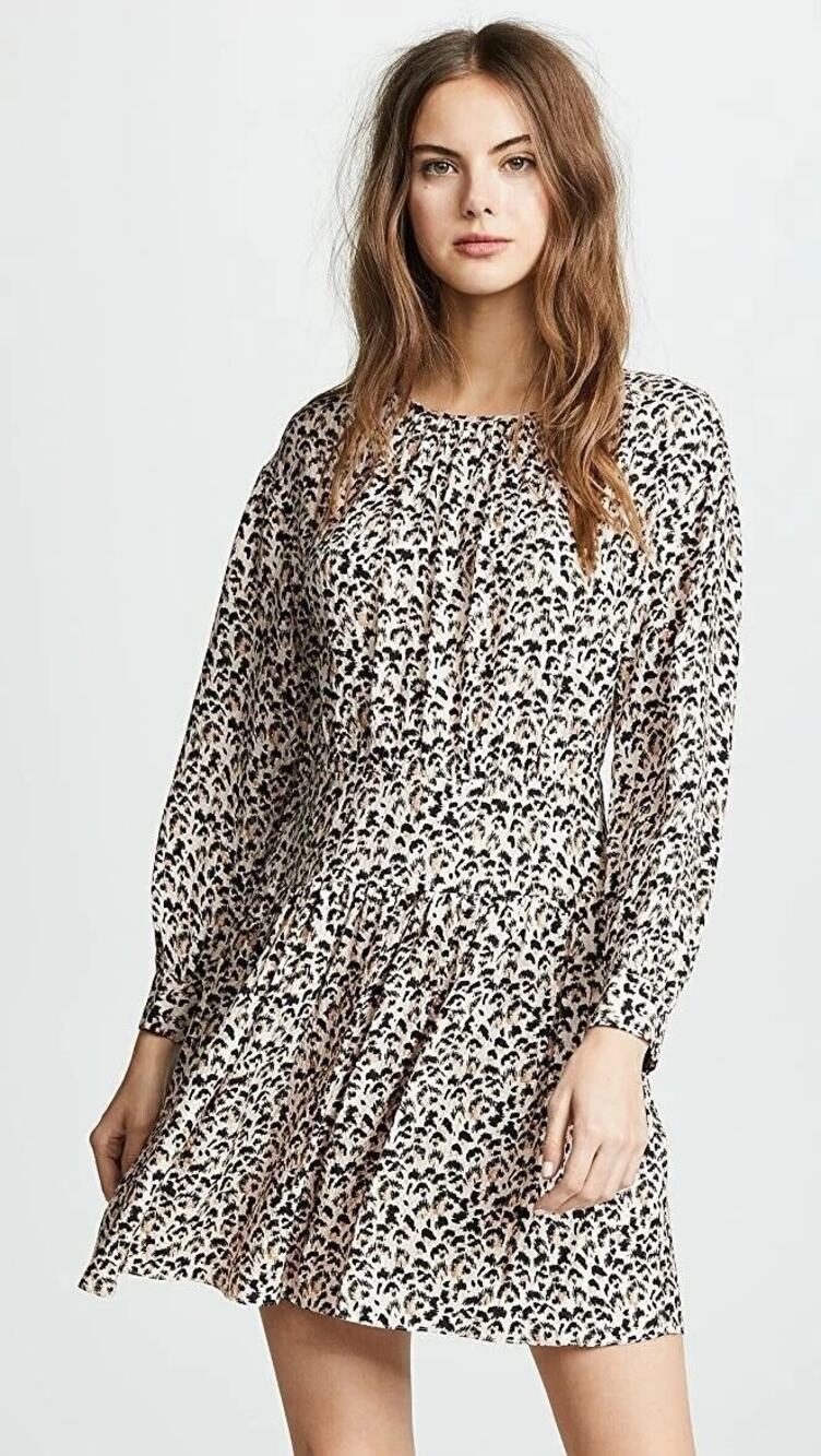 Rebecca Taylor Leopard Print Silk Long Sleeve Mini Dress Brown Black Womens 2